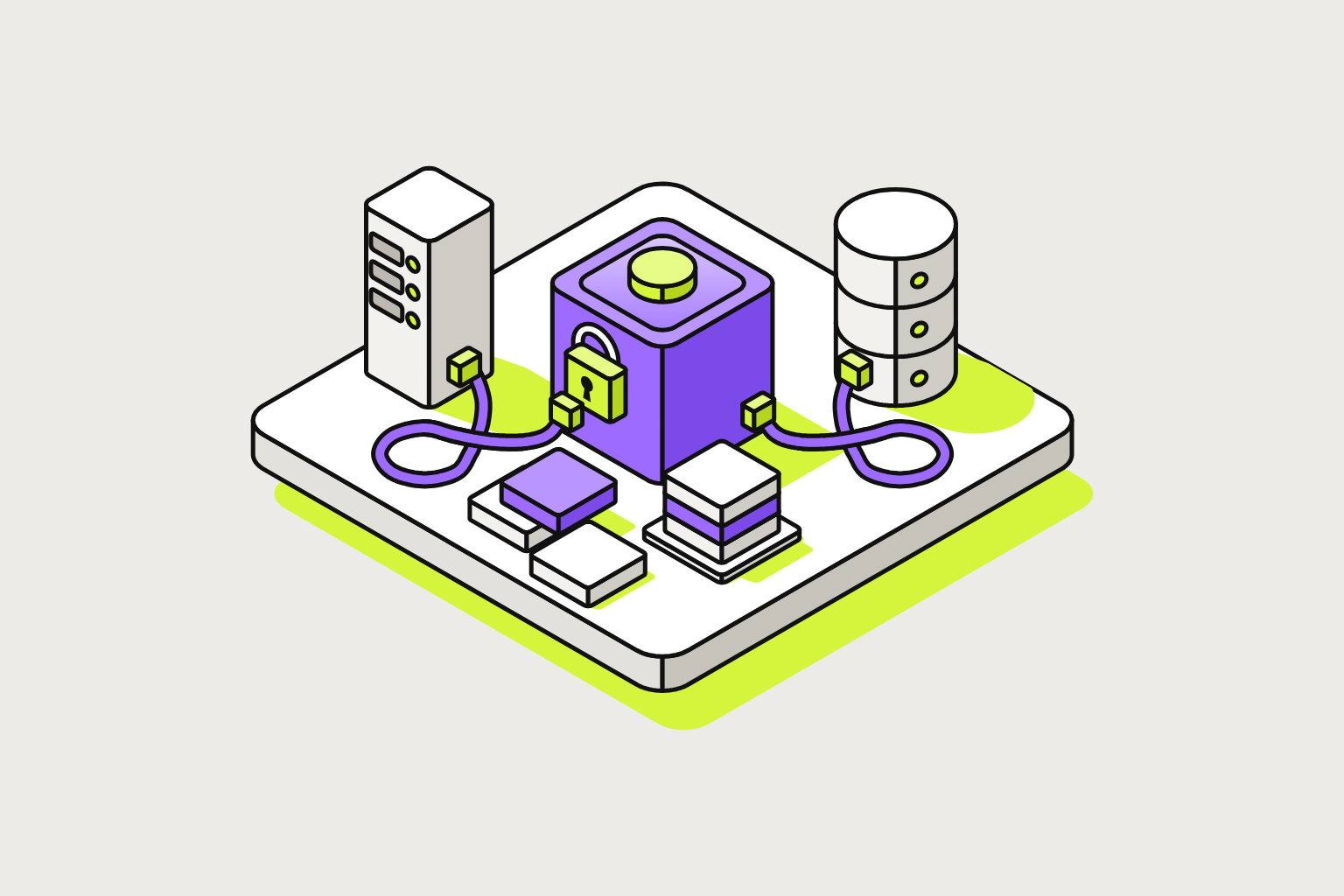Isometric illustration of assembled objects in chalk, lime and violet.