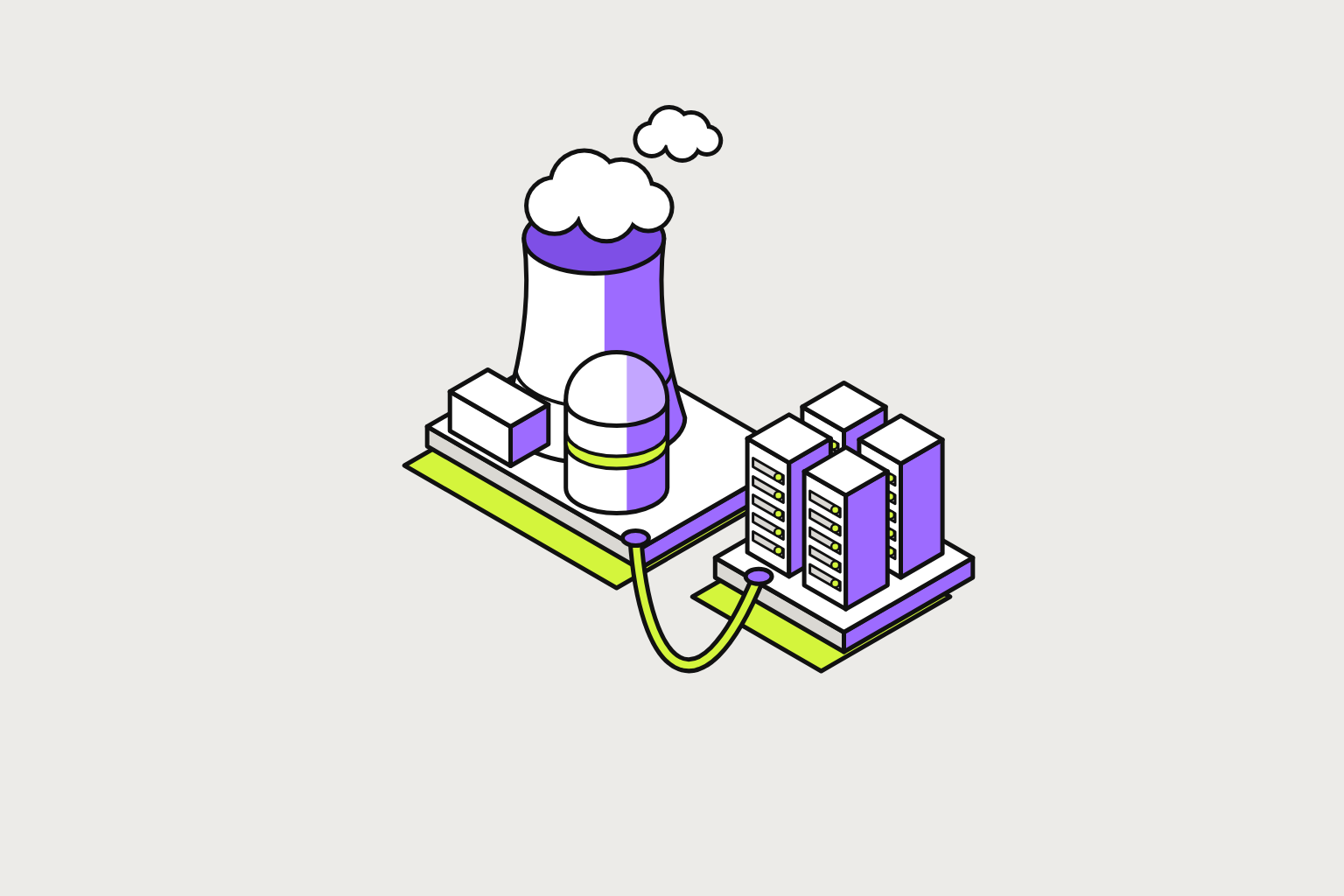 Isometric illustration of assembled objects in chalk, lime and violet.