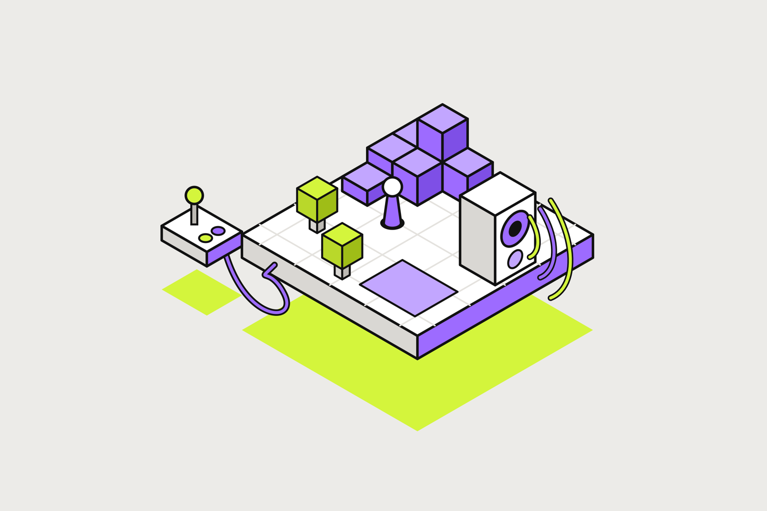 Isometric illustration of assembled objects in chalk, lime and violet.