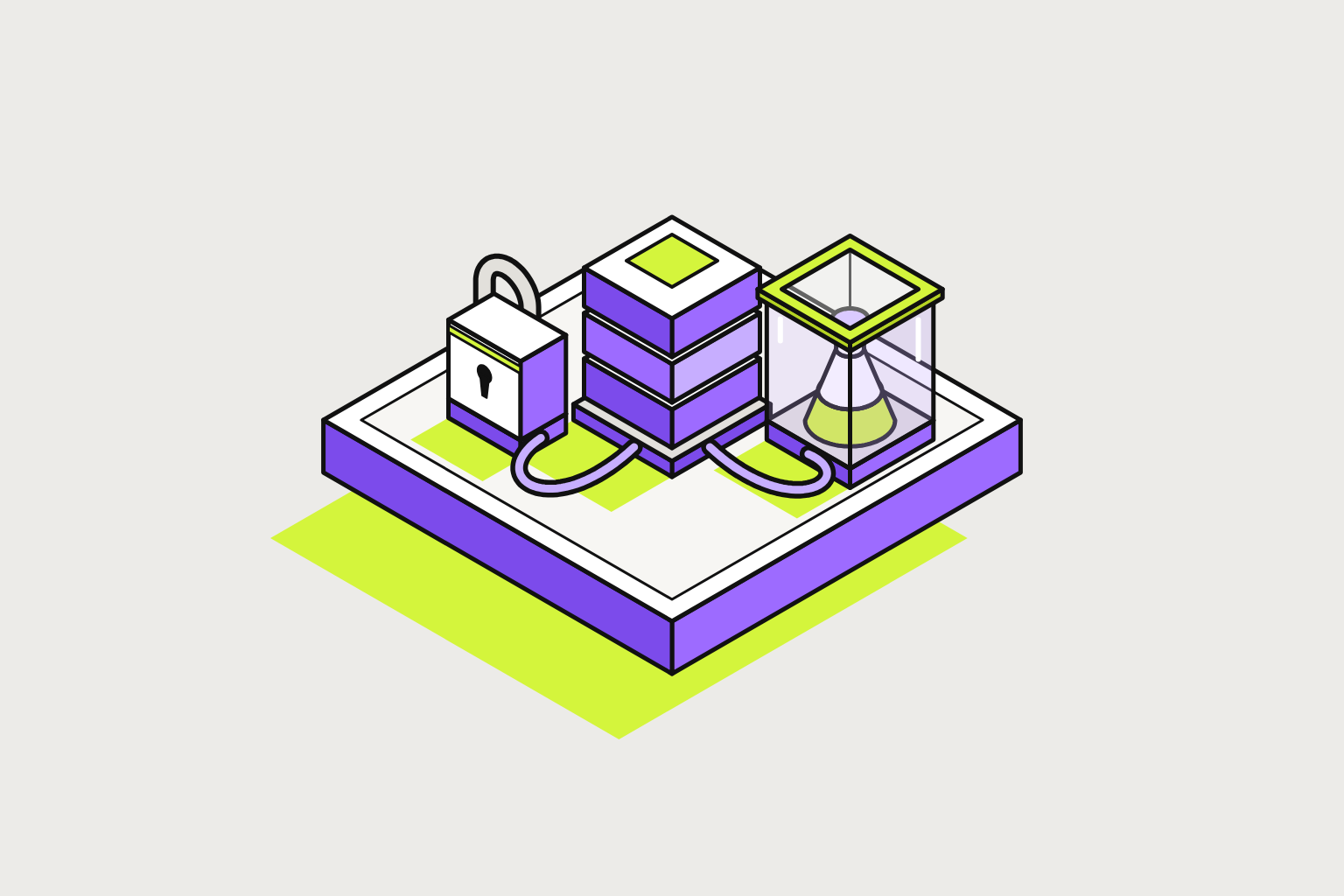 Isometric illustration of assembled objects in chalk, lime and violet.