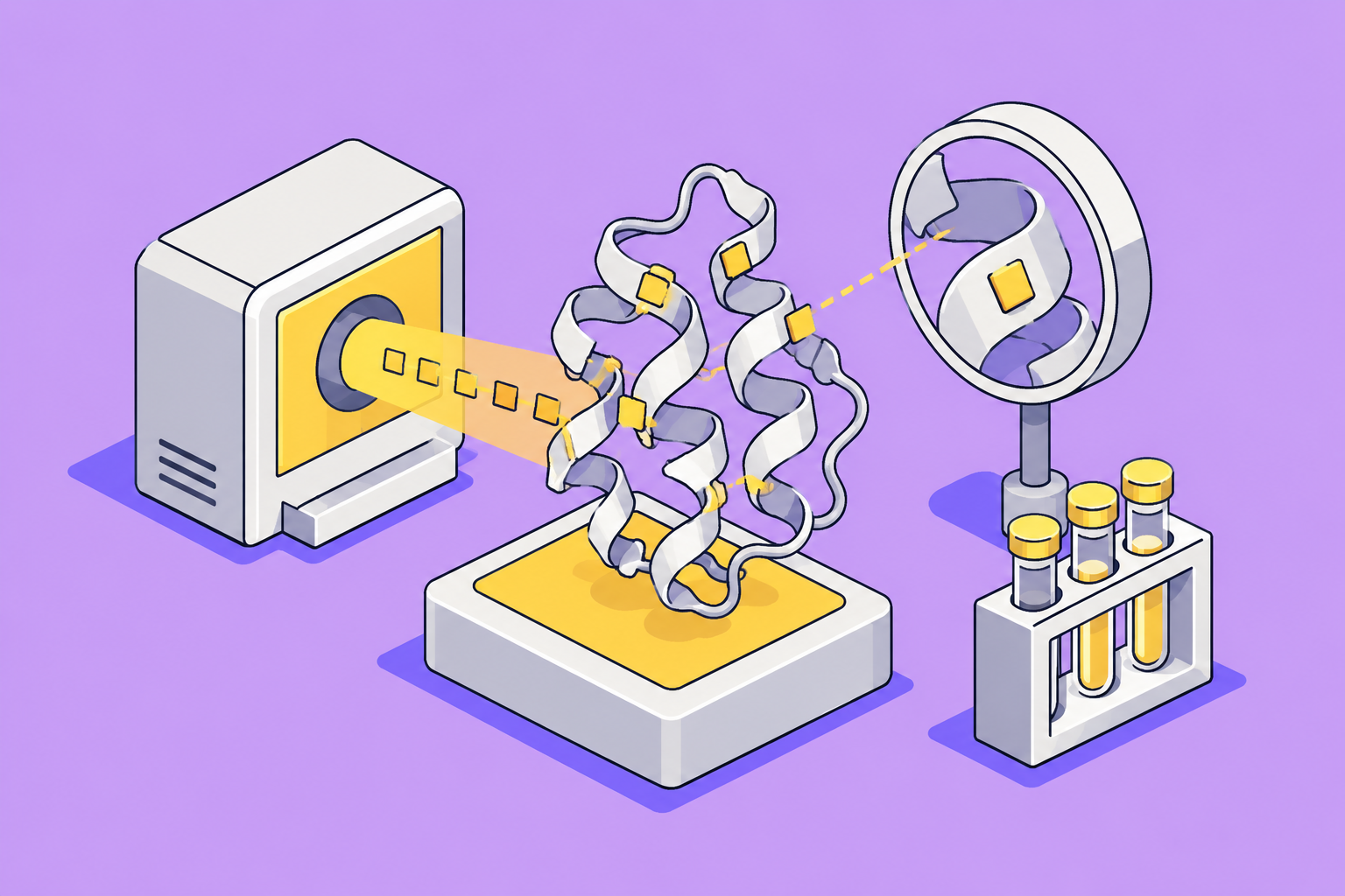 Isometric illustration of assembled objects on the theme of introduced biological watermarking, synthetic biology and content provenance, in lilac, sun yellow and indigo.