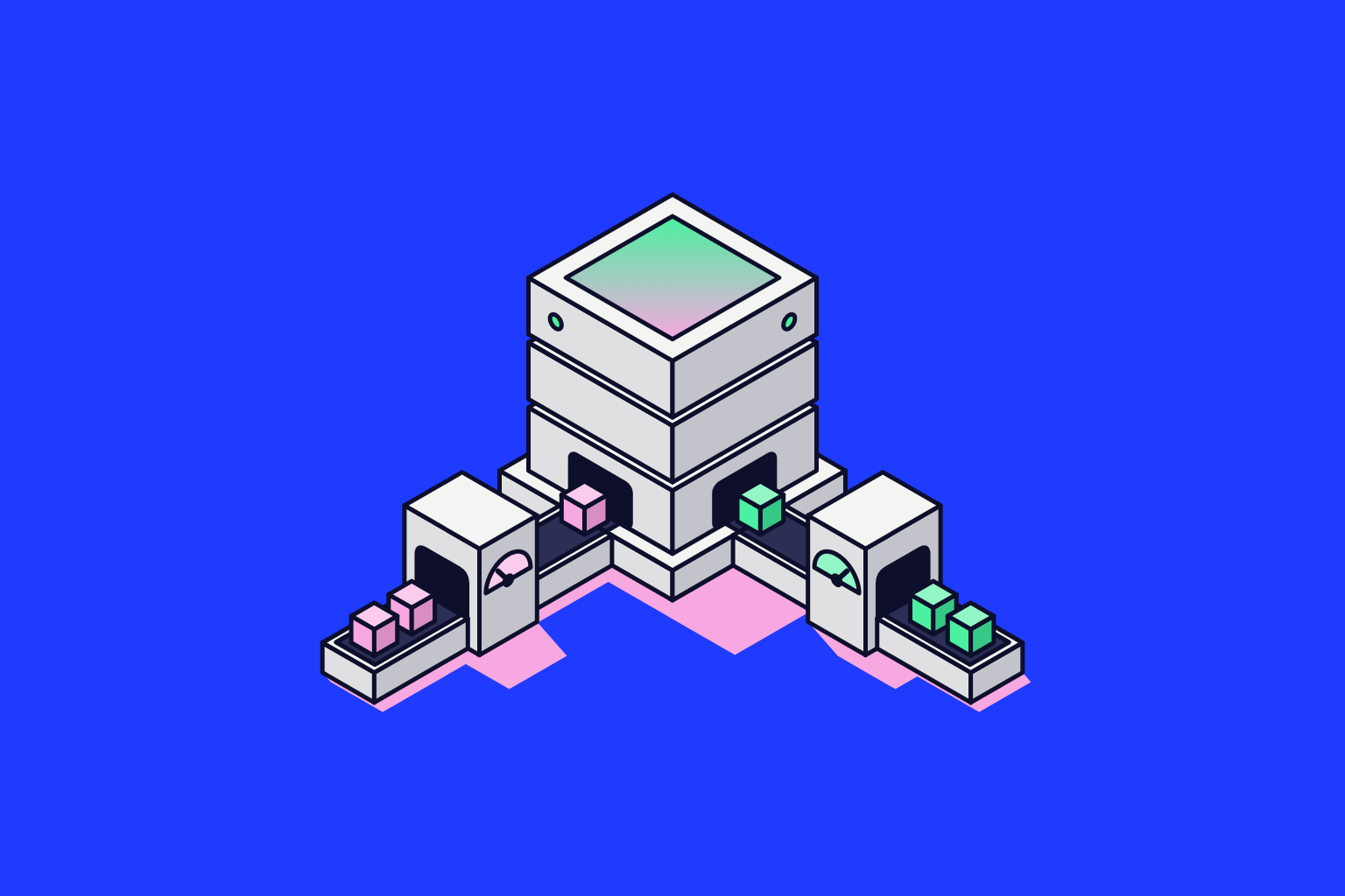 Isometric illustration of assembled objects in electric blue, mint and pink.