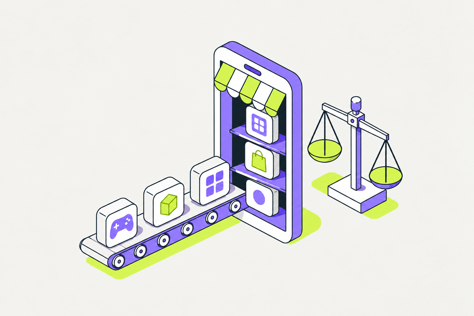 Isometric illustration of assembled objects on the theme of allowed rival app stores, app stores and antitrust, in chalk, lime and violet.