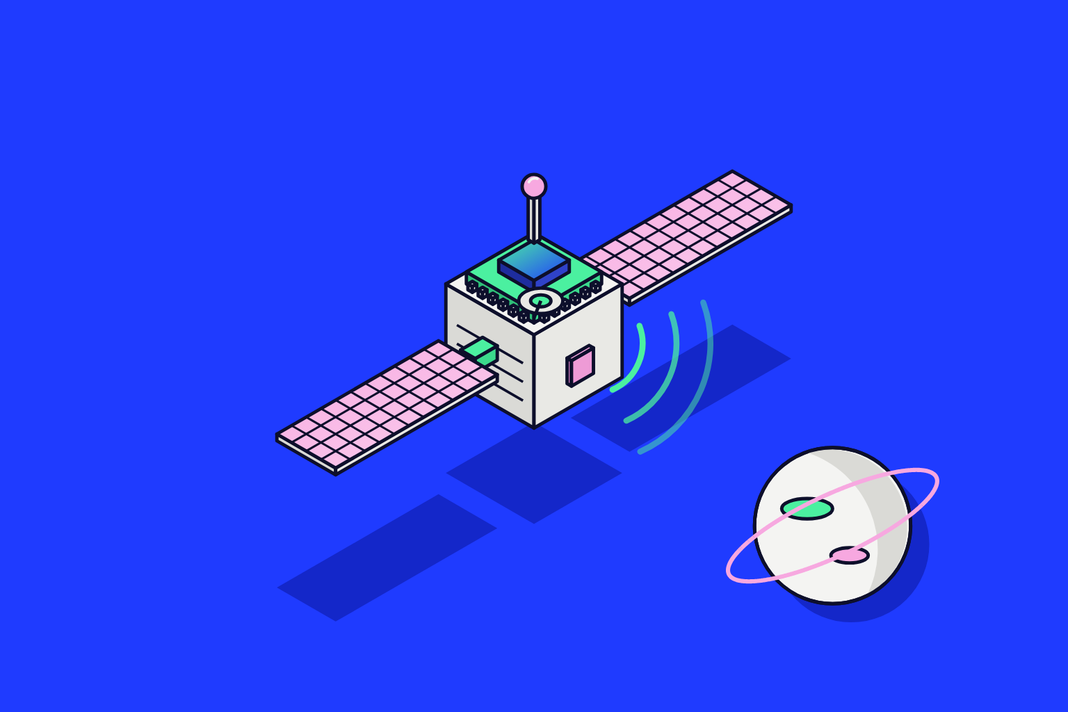 Isometric illustration of assembled objects in electric blue, mint and pink.