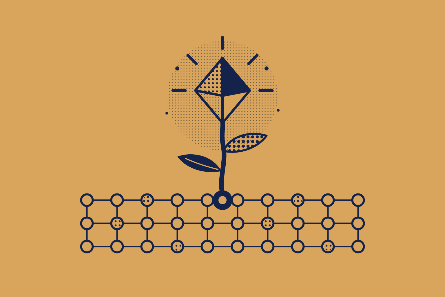 Illustration in a hand-printed ink style in navy ink on ochre.