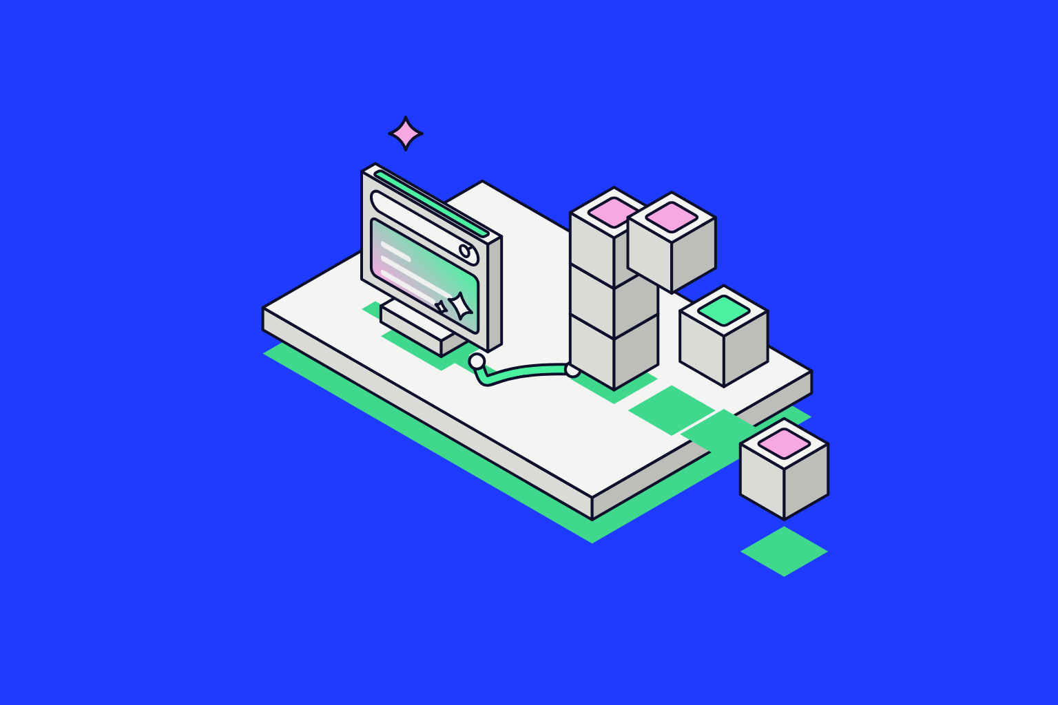 Isometric illustration of assembled objects in electric blue, mint and pink.