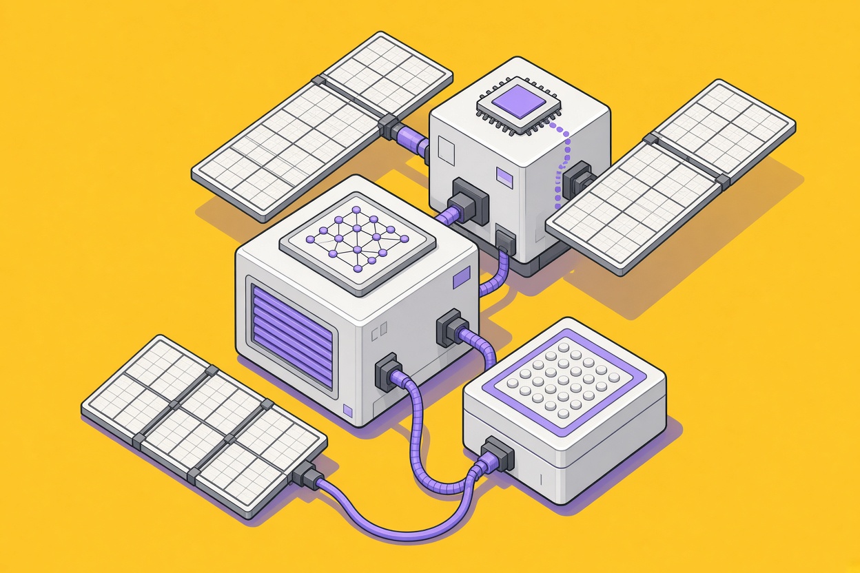 Isometric illustration of assembled objects on the theme of ai, space and google, in marigold and violet.
