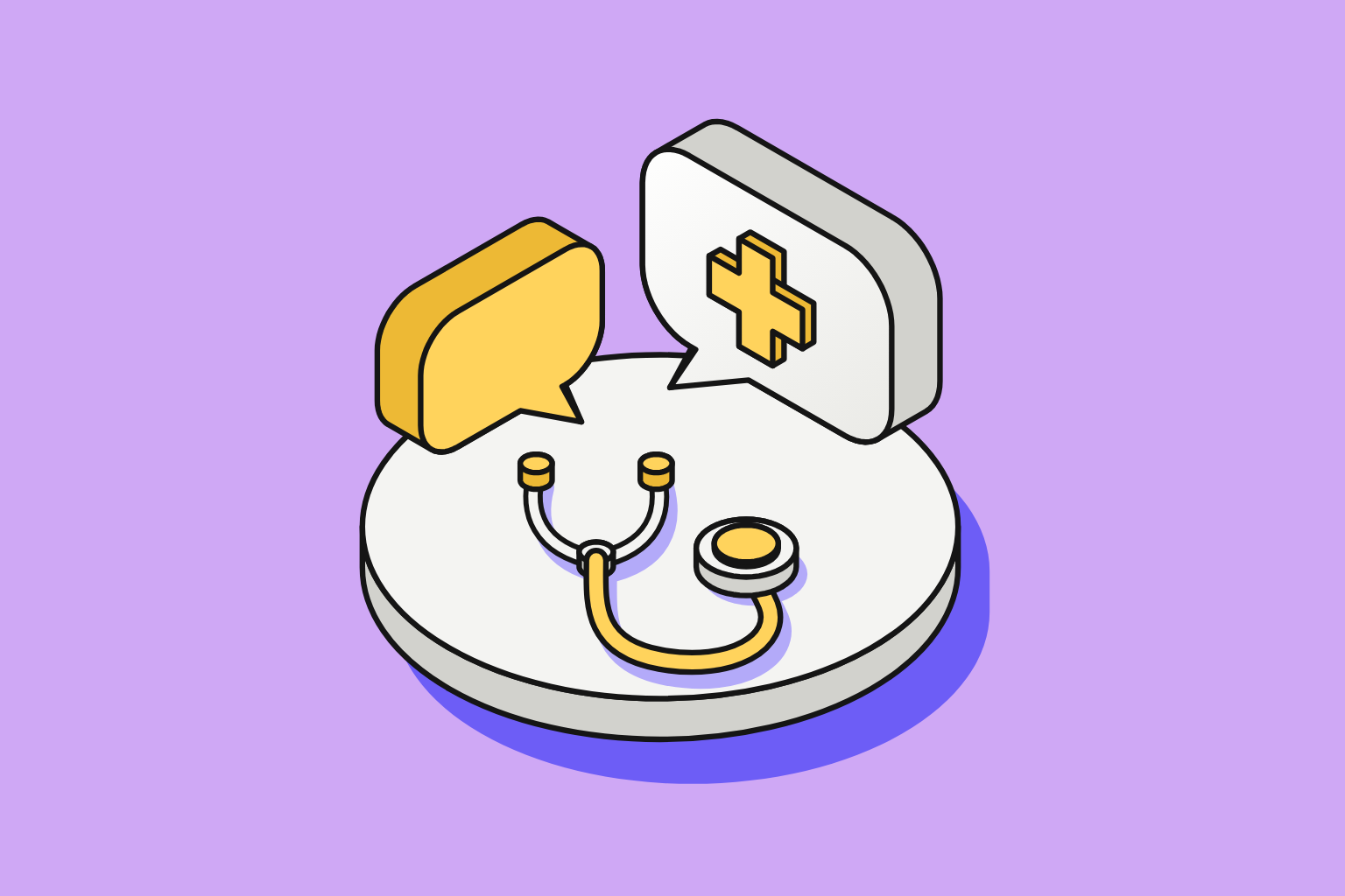 Isometric illustration of assembled objects in lilac, sun yellow and indigo.