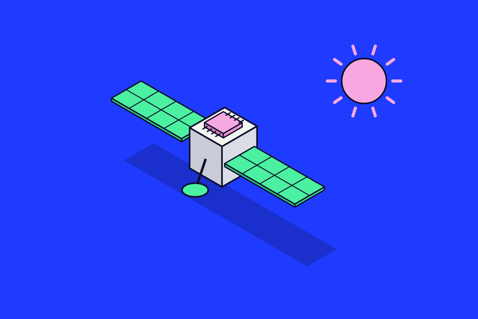 Isometric illustration of assembled objects on the theme of launched prototype satellite, space computing and satellites, in electric blue, mint and pink.