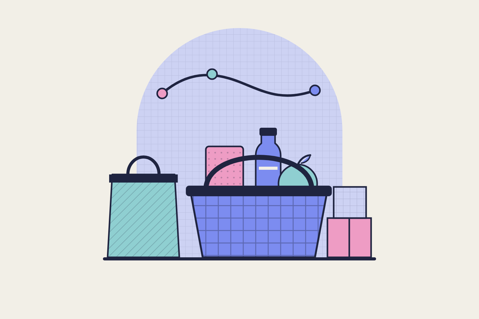 Flat geometric illustration in rose, periwinkle and aqua.