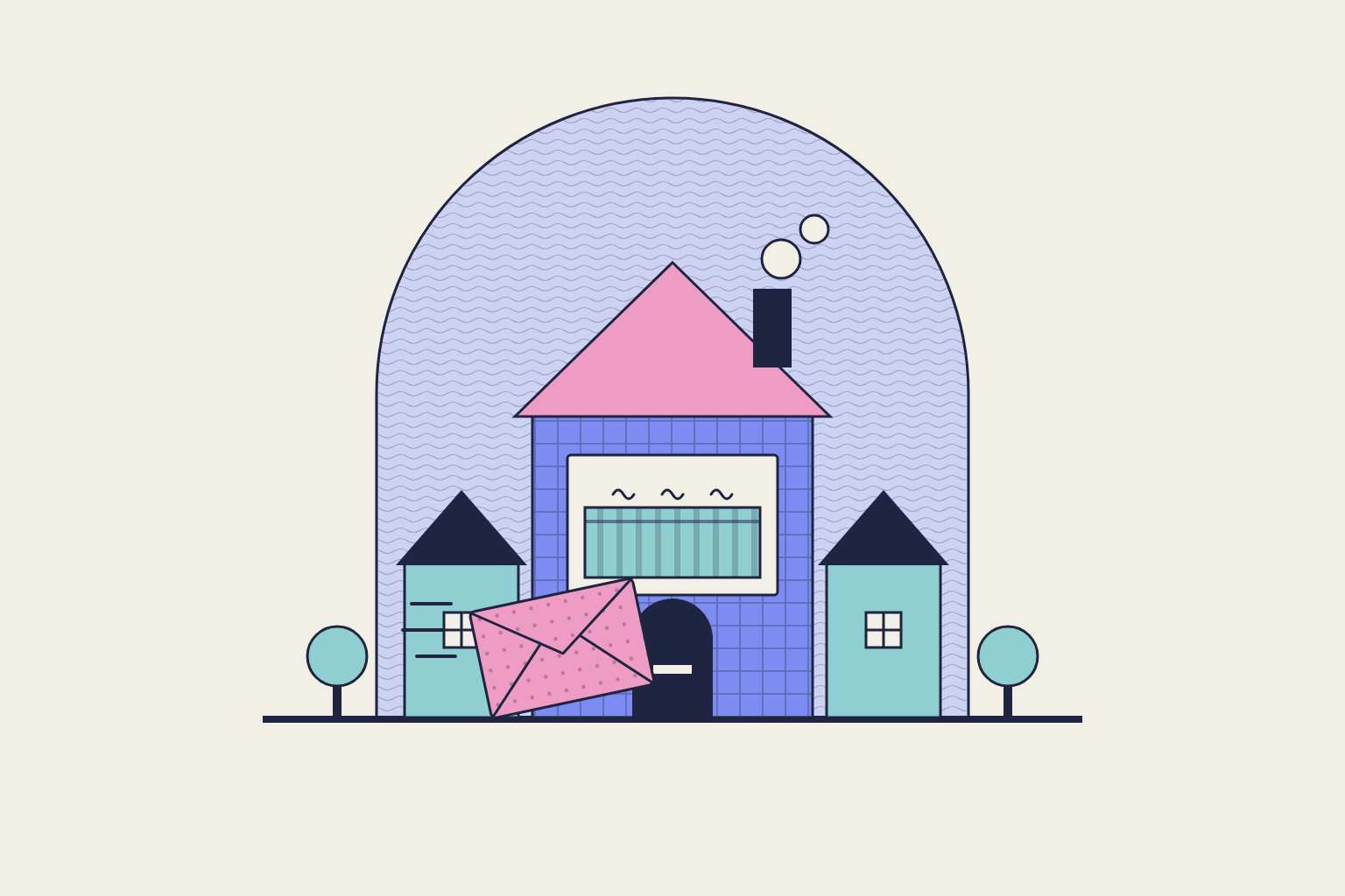 Flat geometric illustration in rose, periwinkle and aqua.