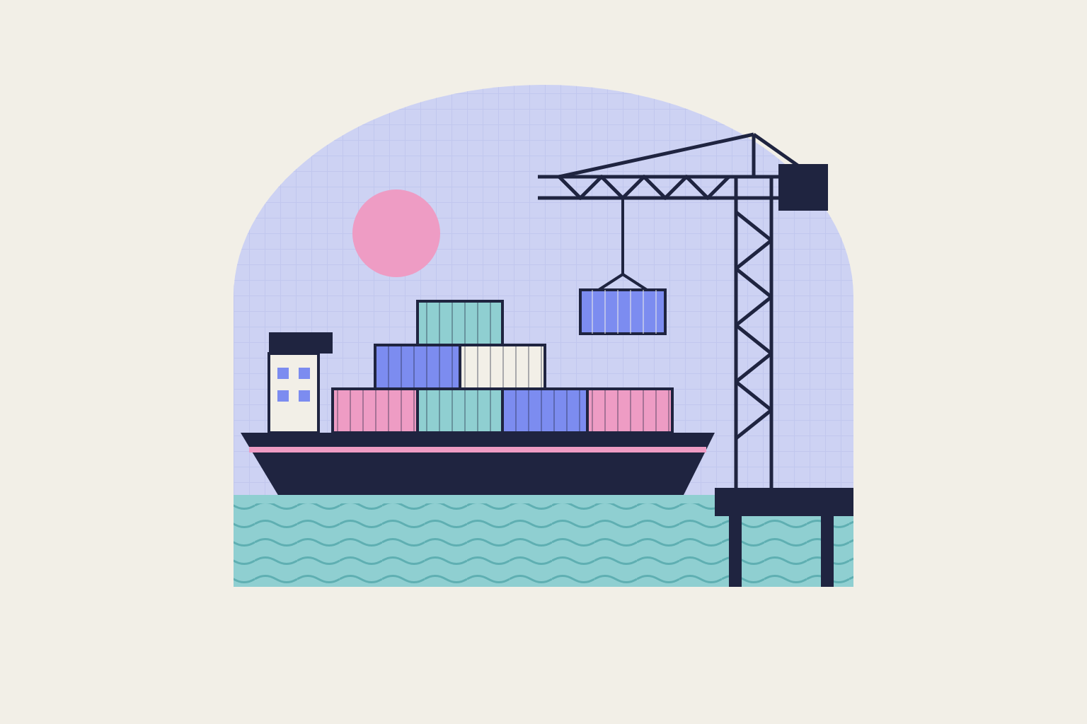 Flat geometric illustration in rose, periwinkle and aqua.
