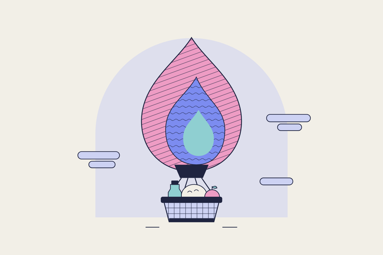 Flat geometric illustration in rose, periwinkle and aqua.