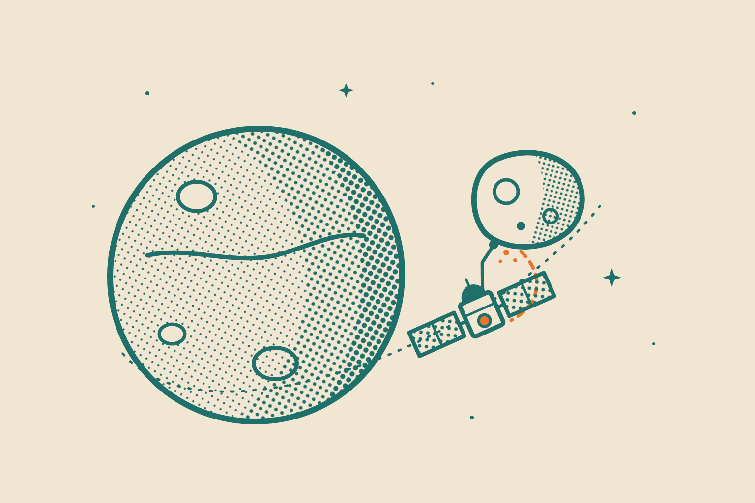 Illustration in a hand-printed ink style in teal ink on cream with an orange spot.