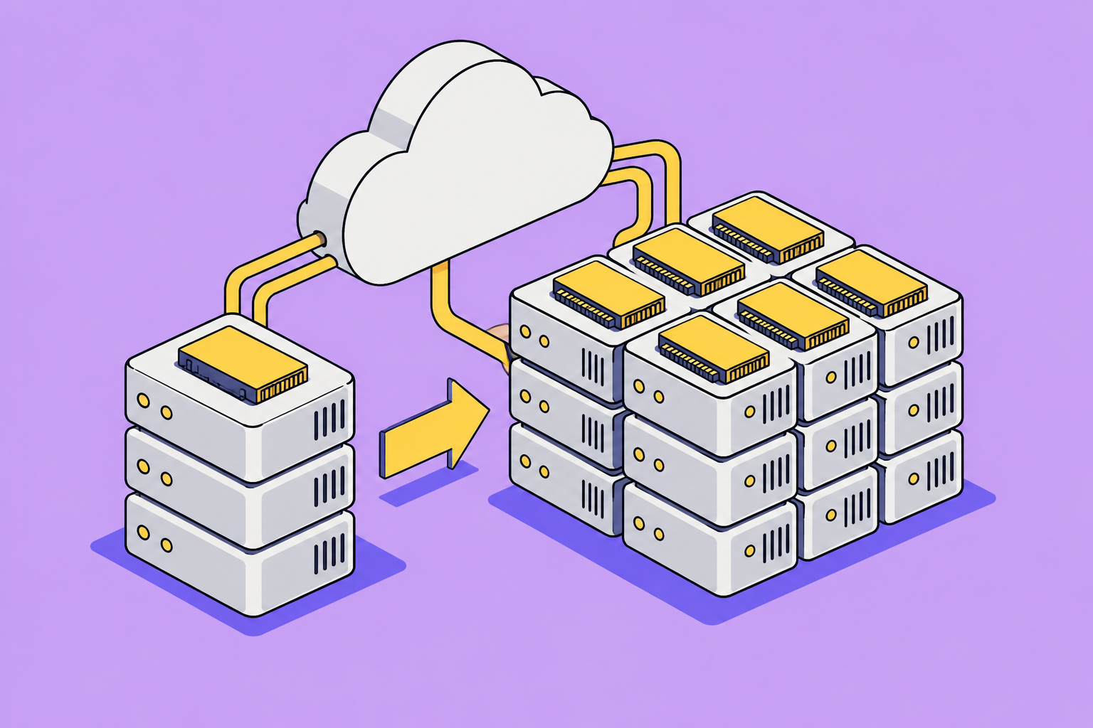 Isometric illustration of assembled objects in lilac, sun yellow and indigo.
