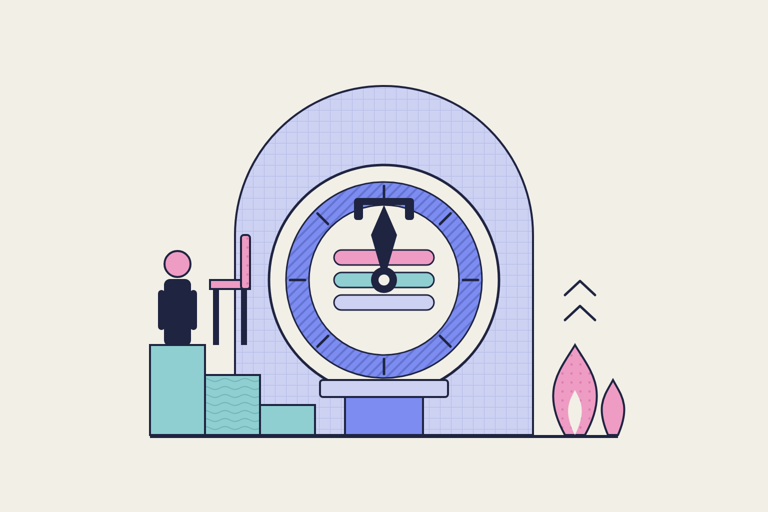 Flat geometric illustration in rose, periwinkle and aqua.