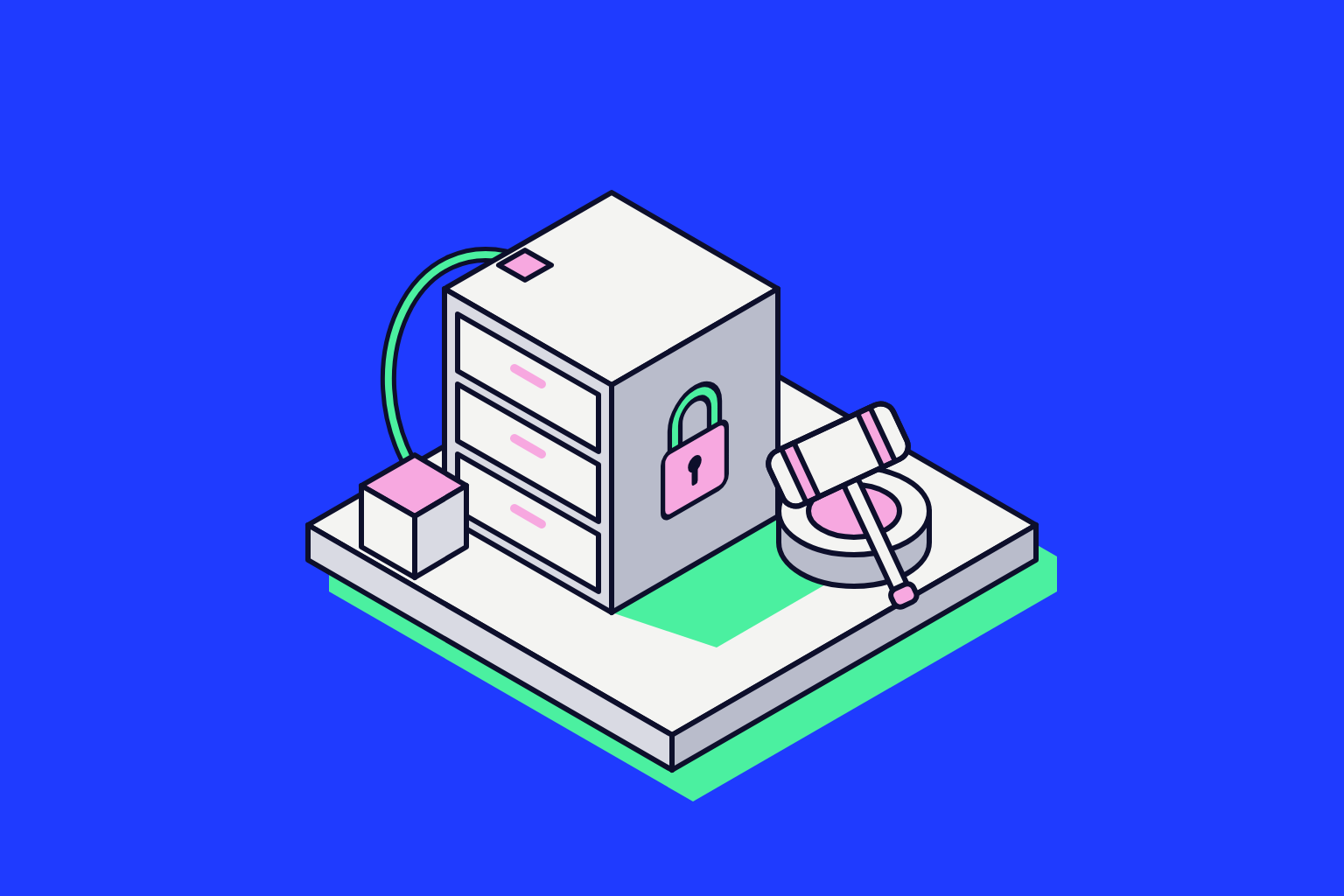 Isometric illustration of assembled objects in electric blue, mint and pink.