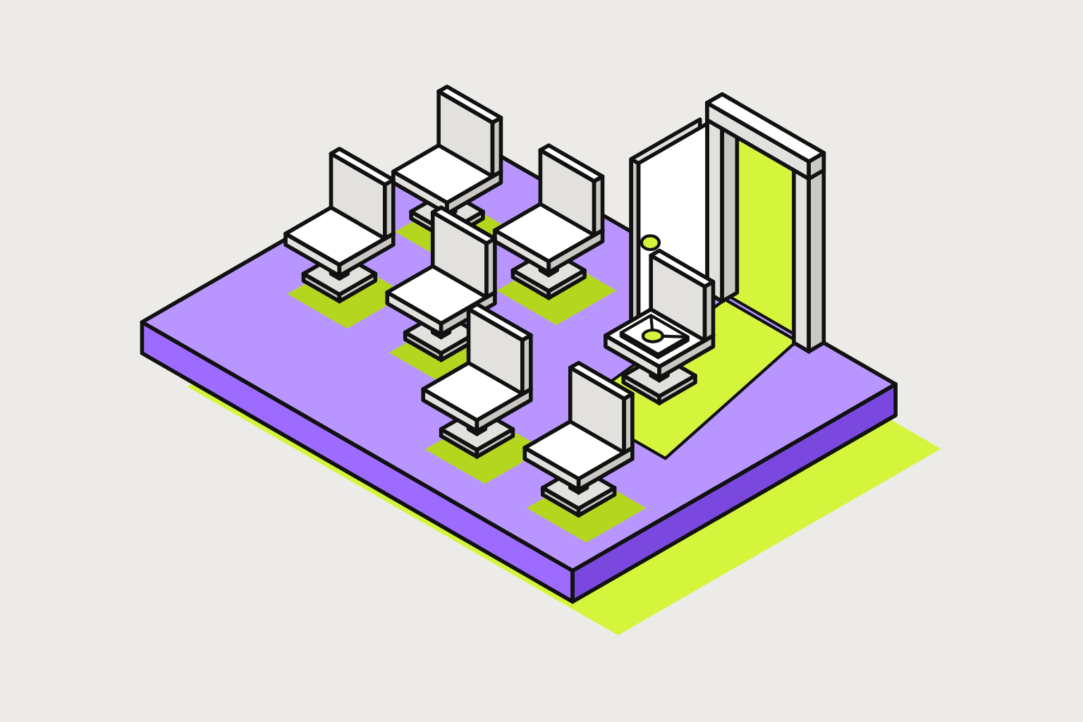 Isometric illustration of assembled objects in chalk, lime and violet.