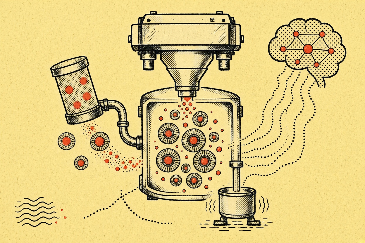 Illustration in a hand-printed ink style on the theme of lipid nanoparticles, rna therapeutics and vaccines, in black ink on butter yellow with a vermilion spot.