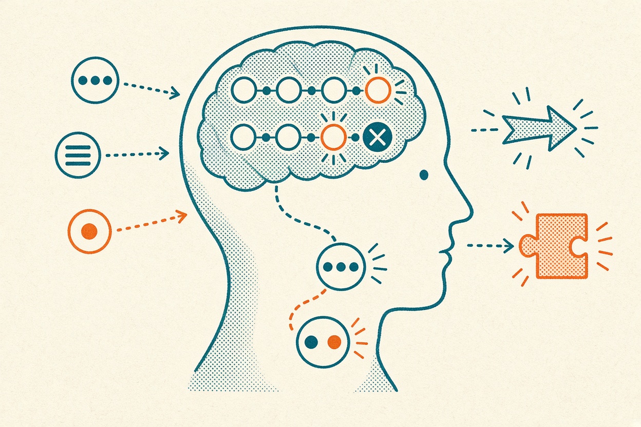 Illustration in a hand-printed ink style on the theme of neuroscience, brain and decision-making, in teal ink on cream with an orange spot.