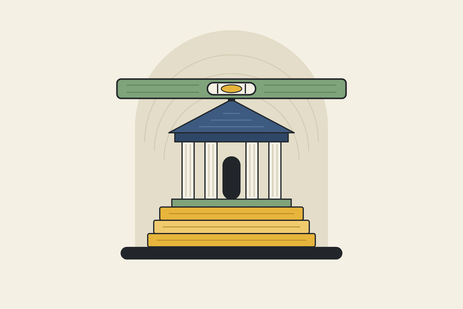 Flat geometric illustration in sage, mustard and slate blue.