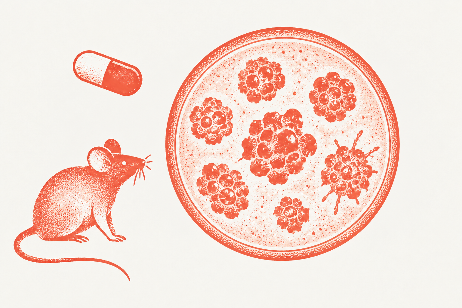 Illustration in a hand-printed ink style on the theme of modeled drug resistance, lung cancer and drug resistance, in coral ink on paper white.