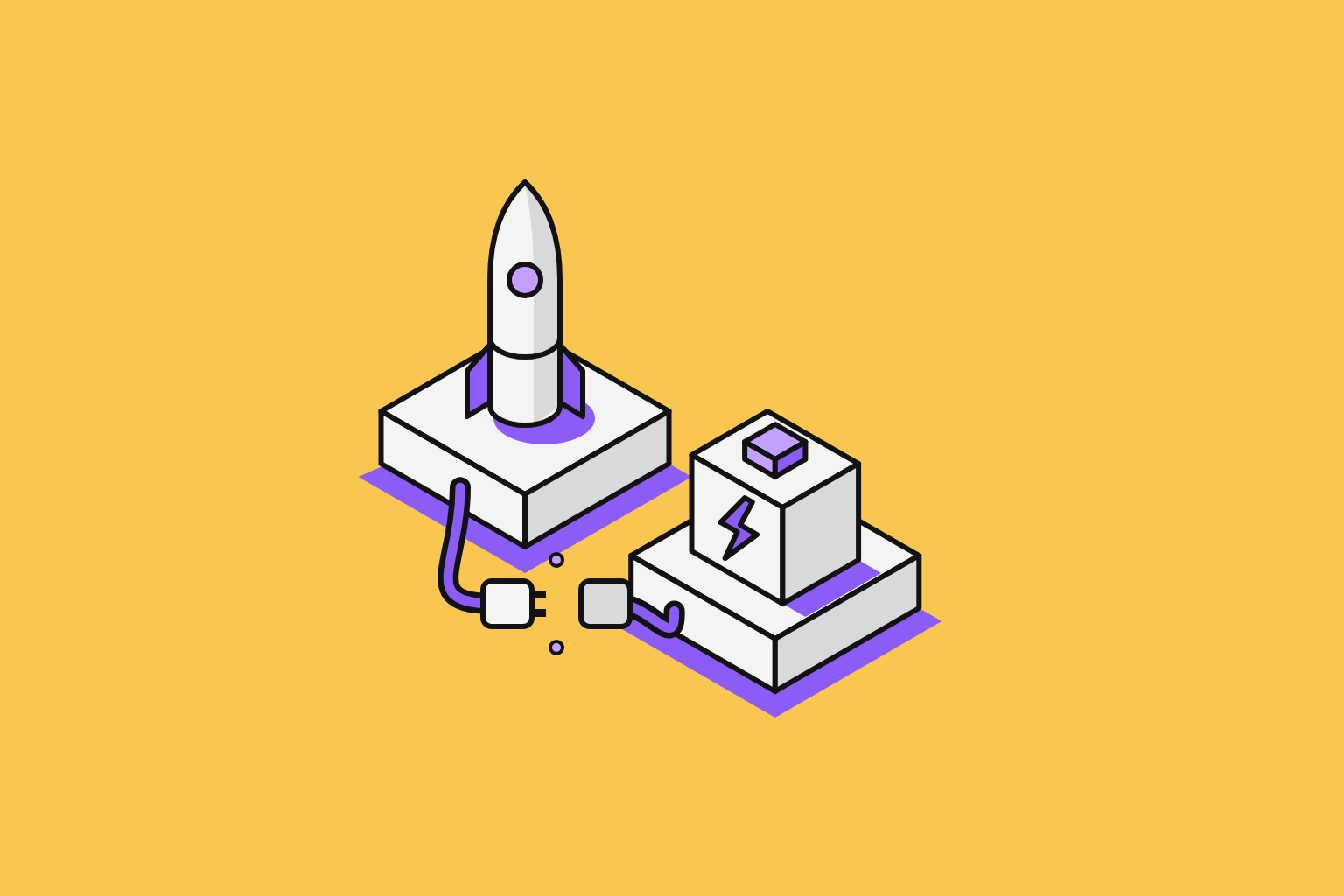 Isometric illustration of assembled objects in marigold and violet.