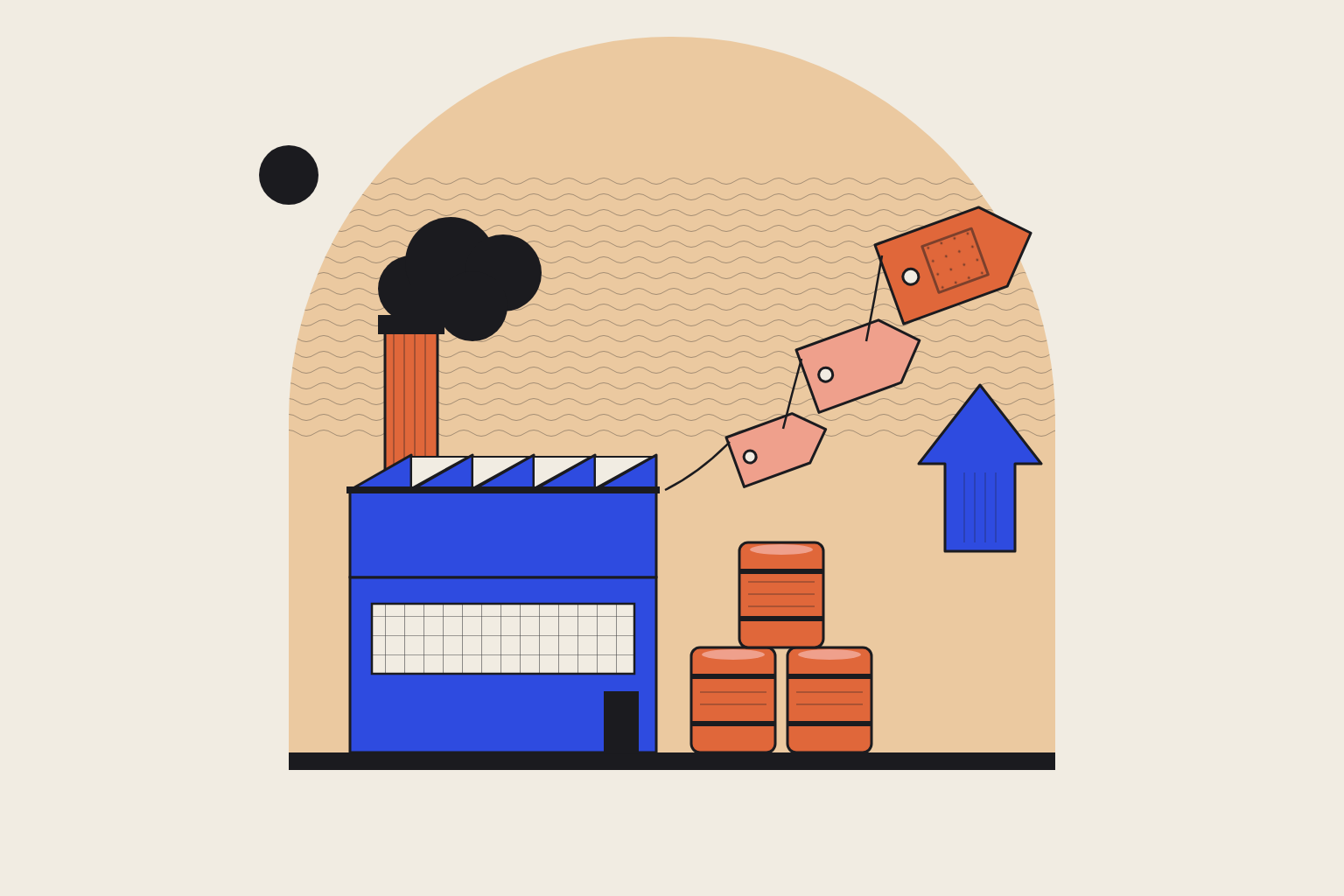 Flat geometric illustration in cobalt and terracotta.