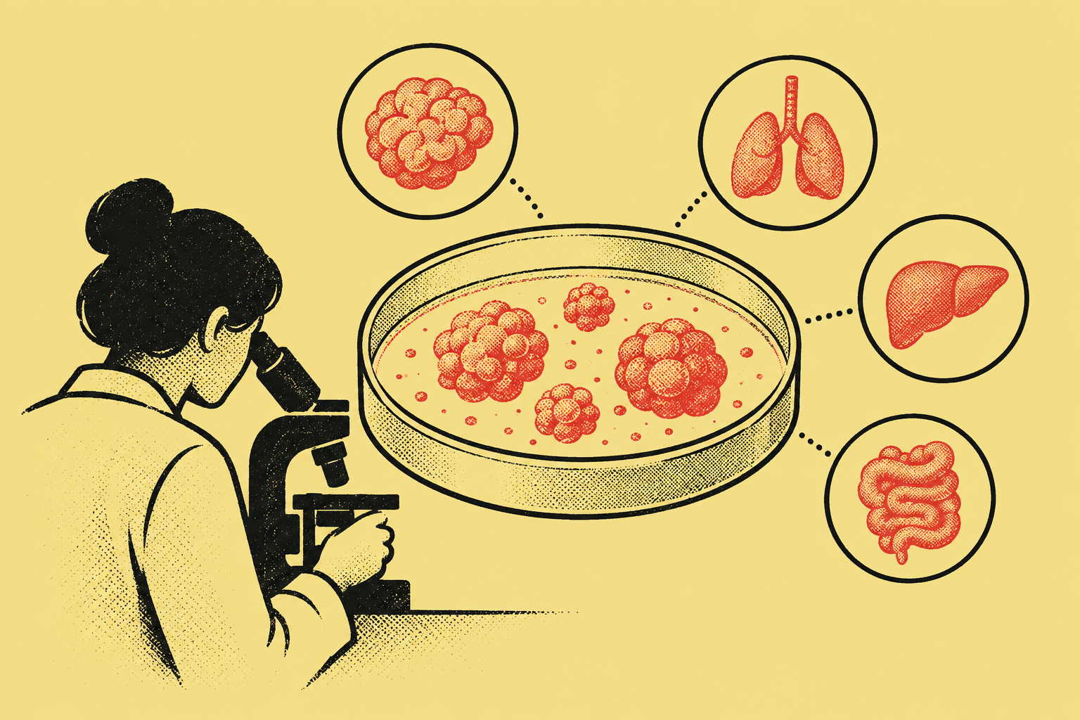 Illustration in a hand-printed ink style in black ink on butter yellow with a vermilion spot.