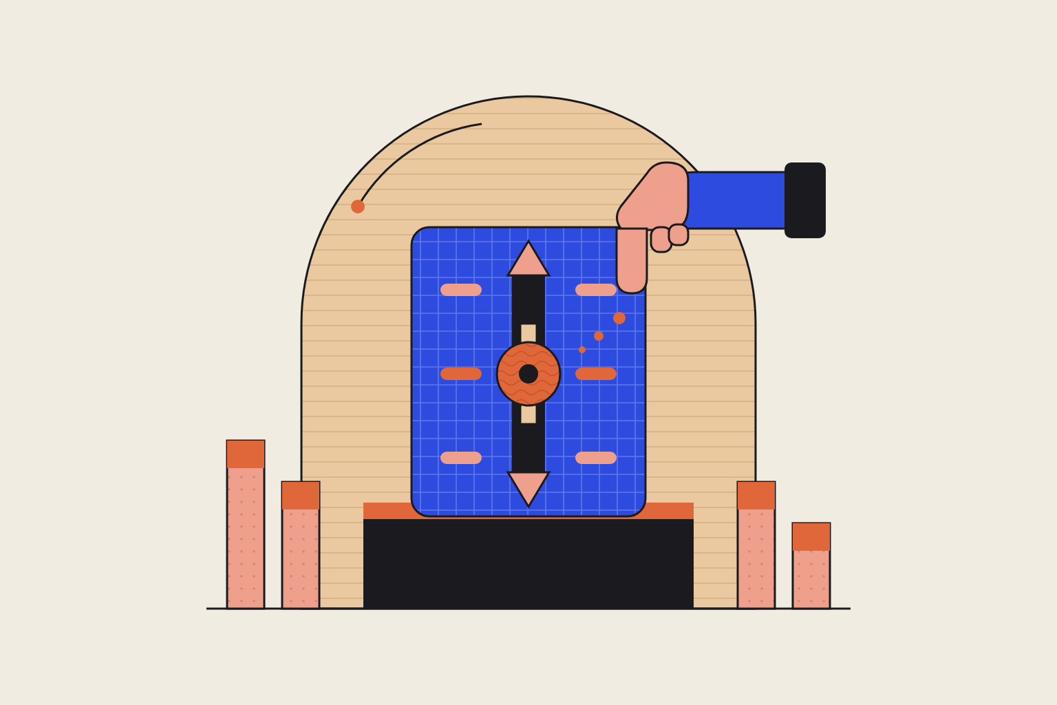 Flat geometric illustration in cobalt and terracotta.