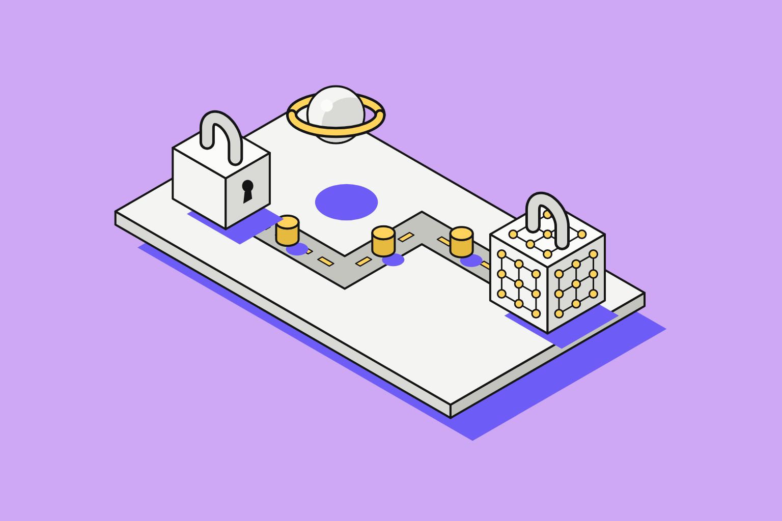 Isometric illustration of assembled objects in lilac, sun yellow and indigo.