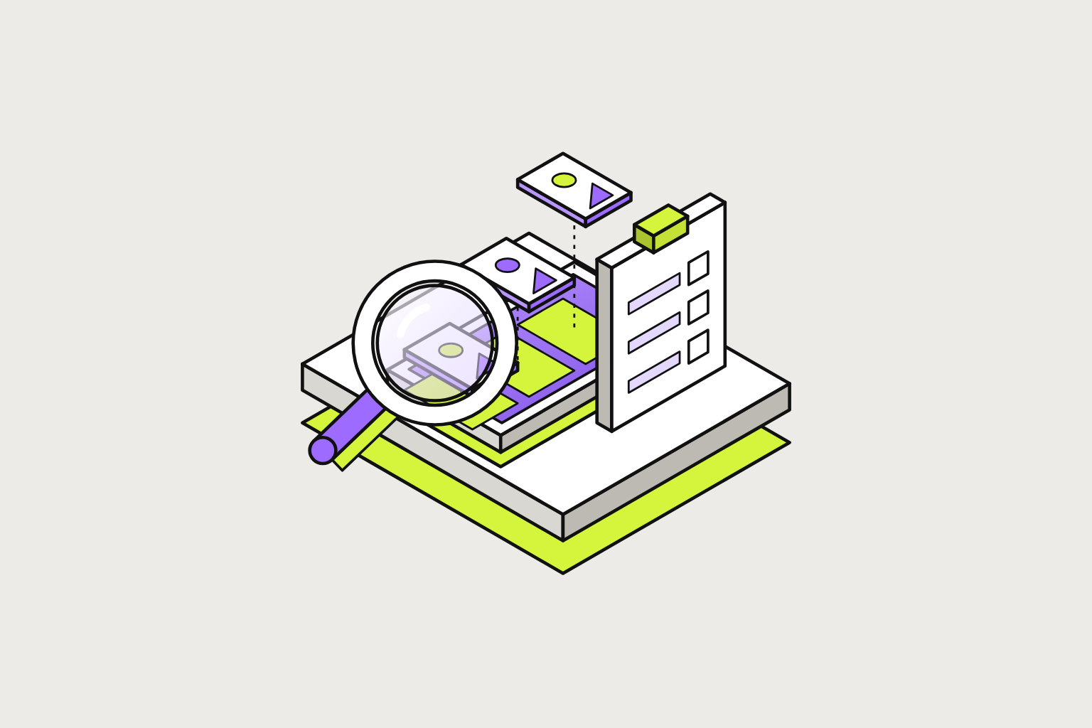 Isometric illustration of assembled objects in chalk, lime and violet.