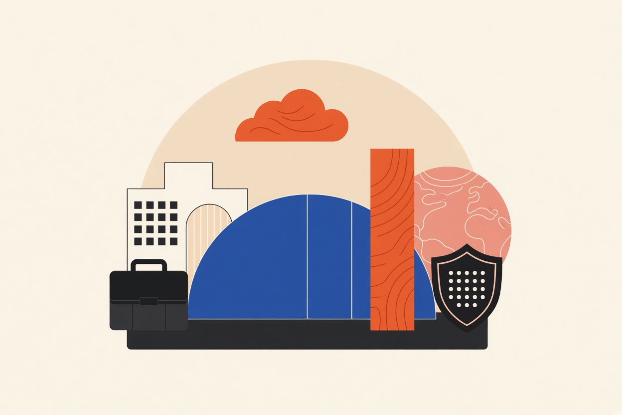 Flat geometric illustration on the theme of ons, bics and uk-economy, in cobalt and terracotta.