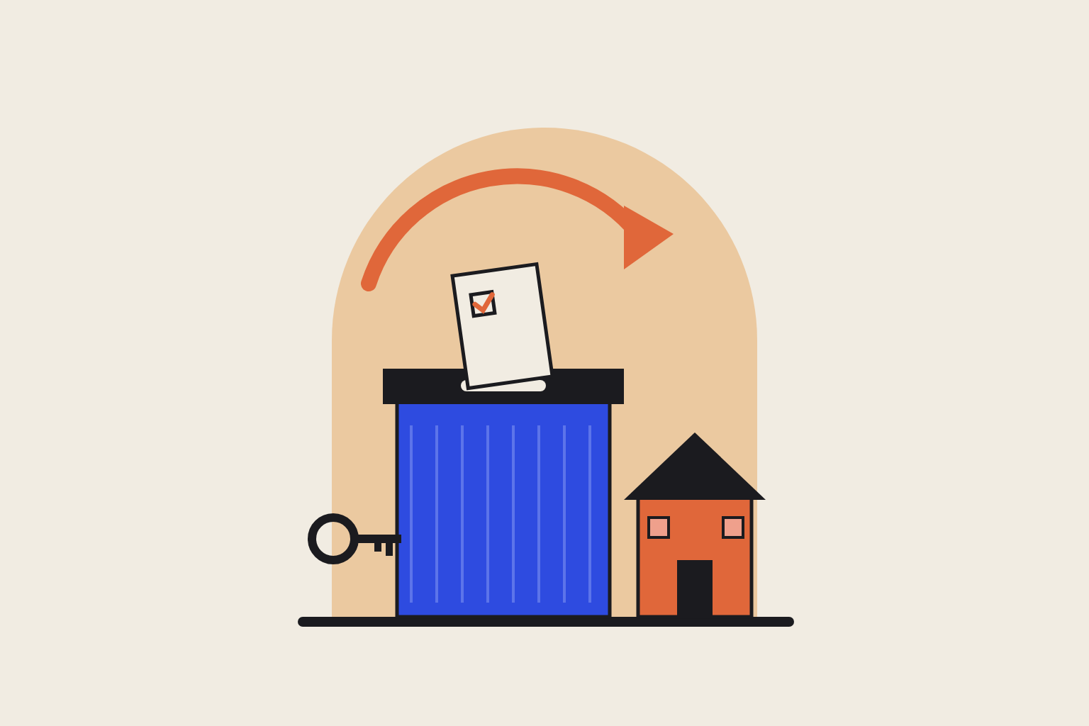 Flat geometric illustration in cobalt and terracotta.