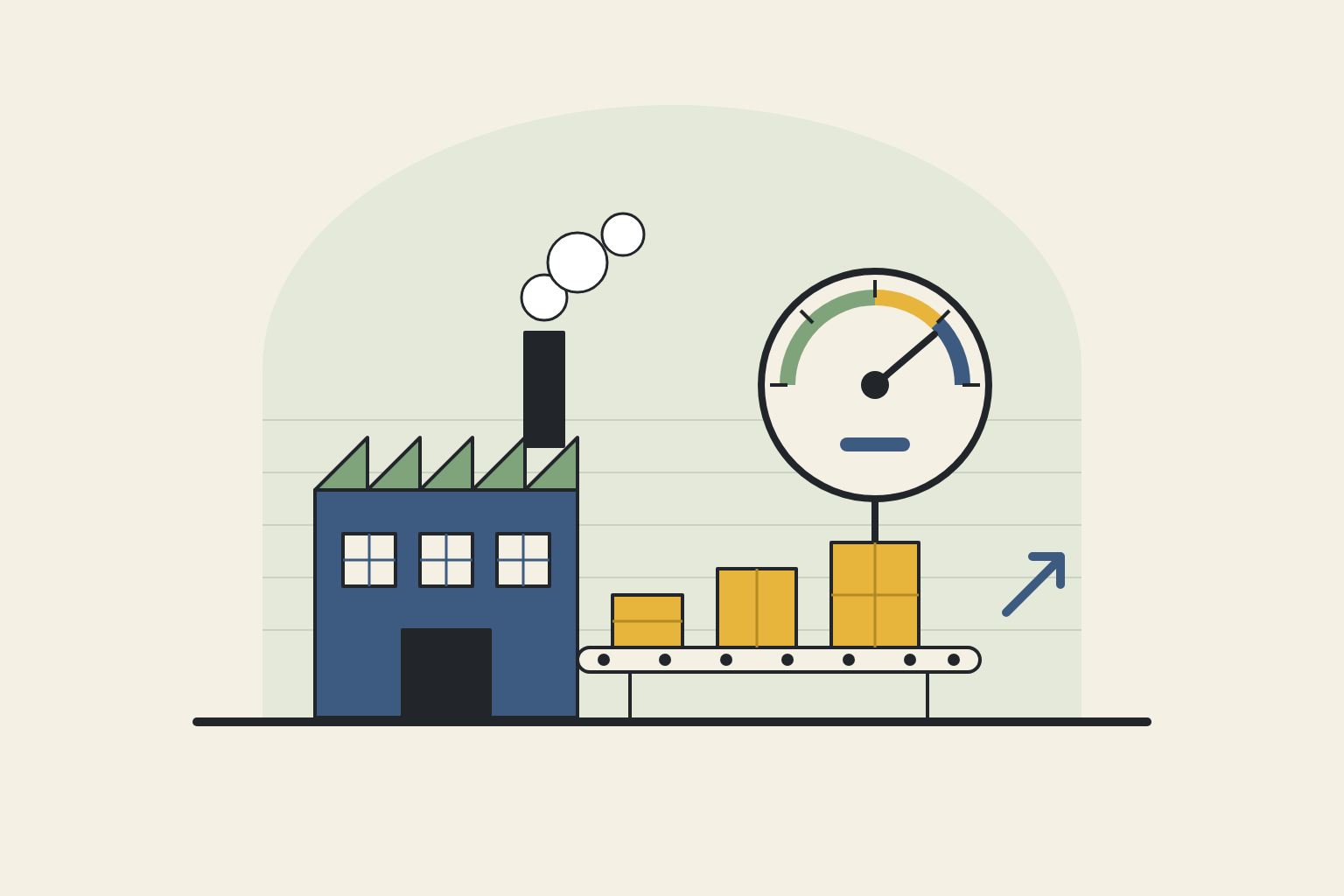 Flat geometric illustration in sage, mustard and slate blue.