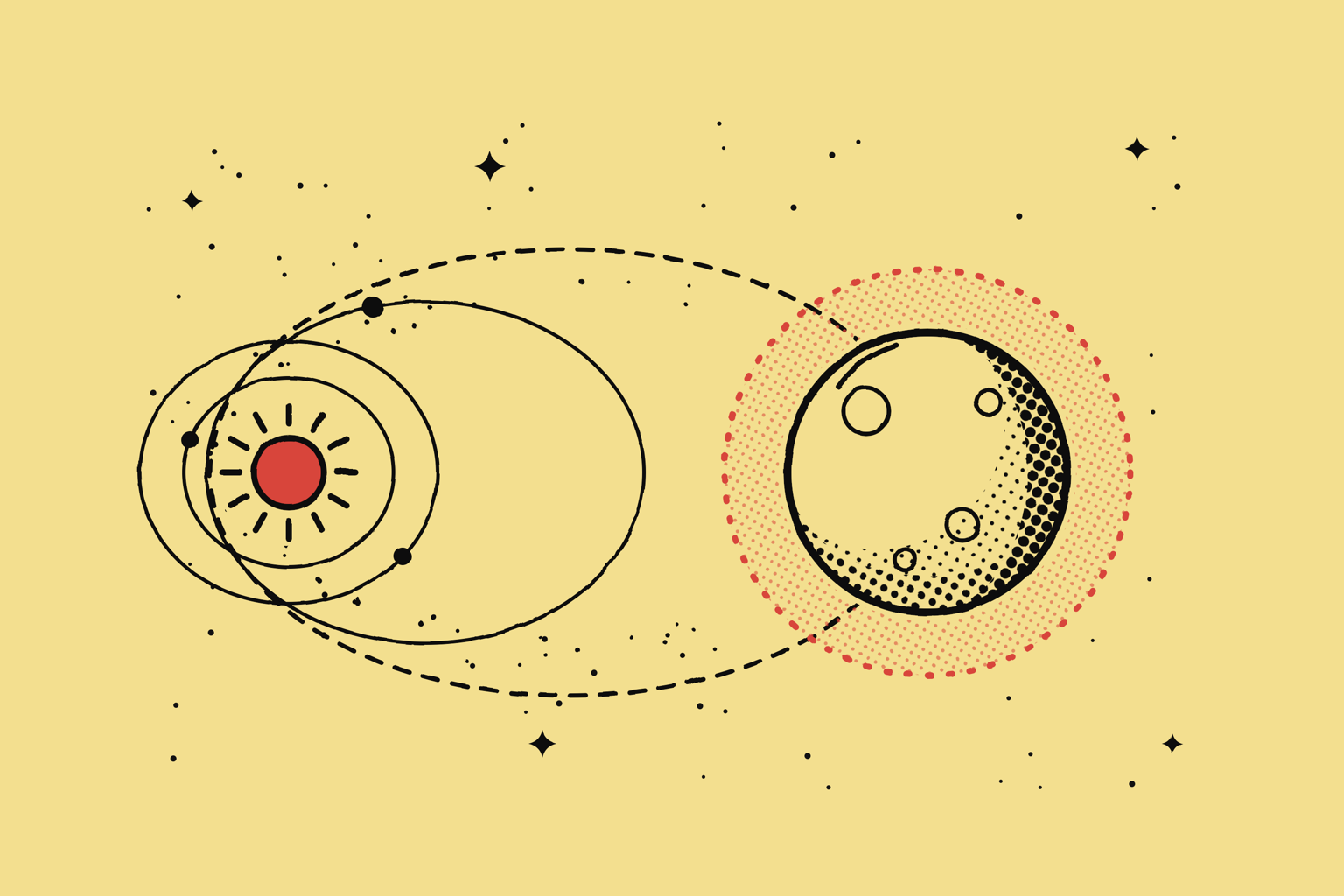 Illustration in a hand-printed ink style in black ink on butter yellow with a vermilion spot.