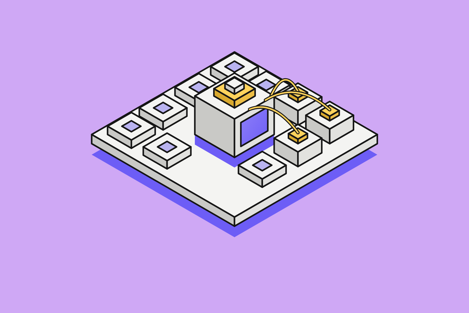 Isometric illustration of assembled objects in lilac, sun yellow and indigo.