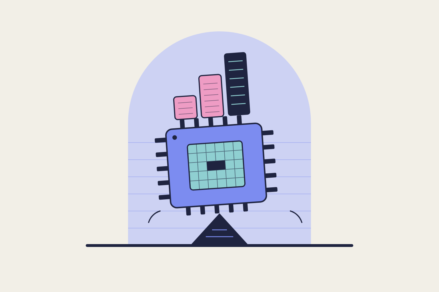 Flat geometric illustration in rose, periwinkle and aqua.