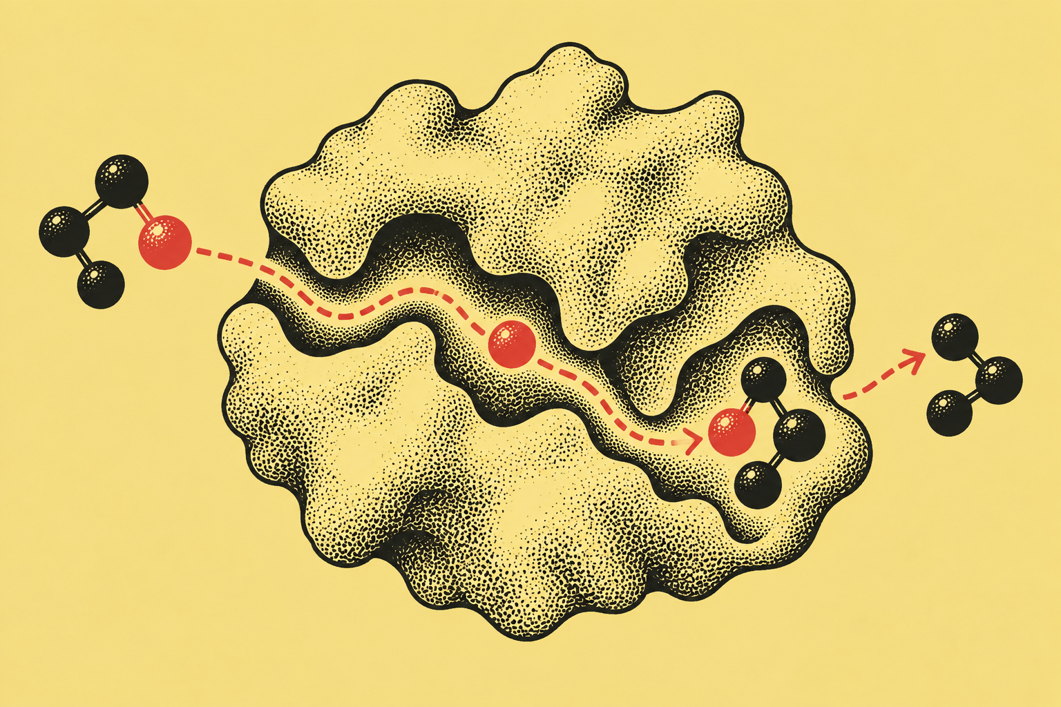 Illustration in a hand-printed ink style on the theme of identified channeling pathway, structural biology and enzymes, in black ink on butter yellow with a vermilion spot.