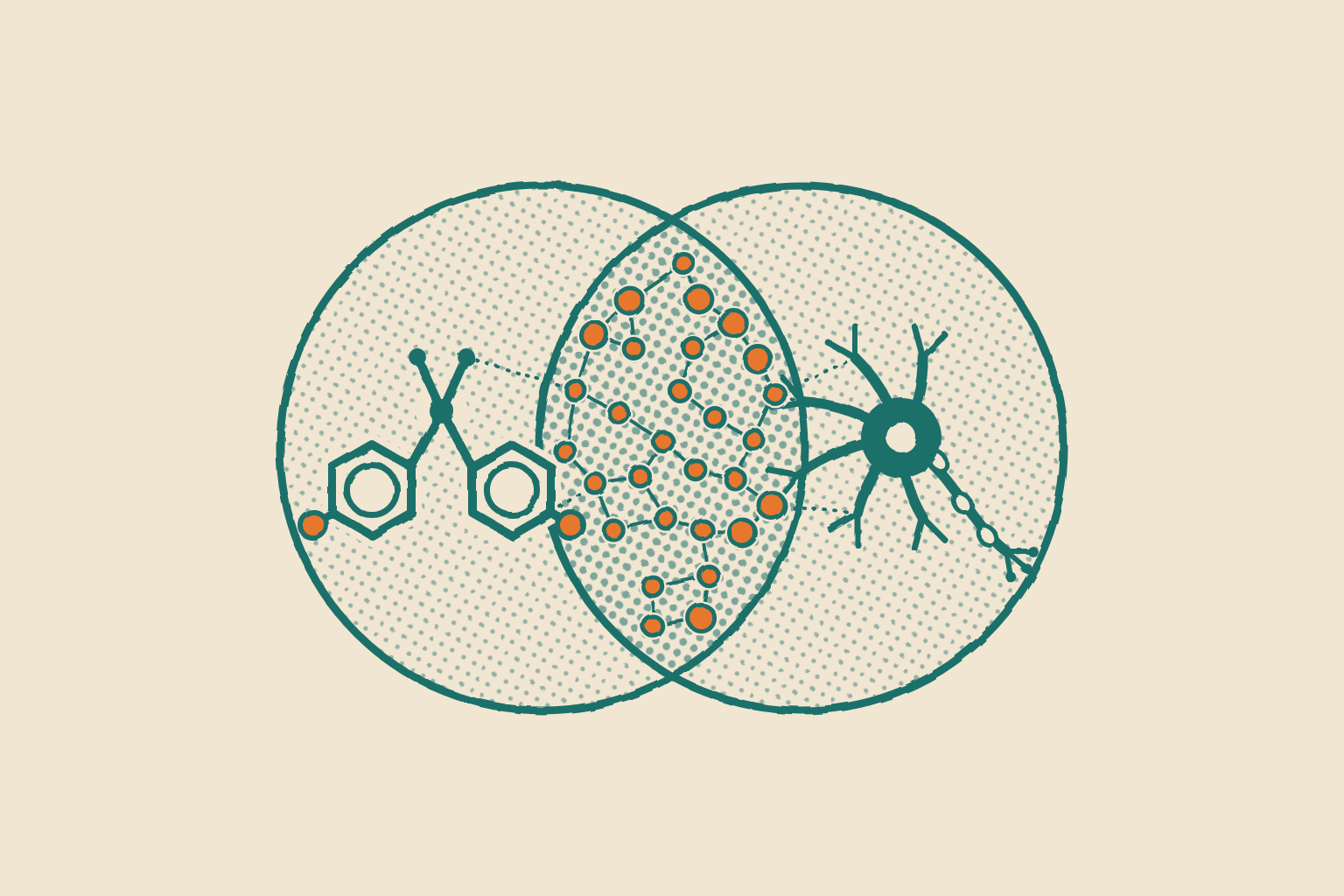 Illustration in a hand-printed ink style in teal ink on cream with an orange spot.