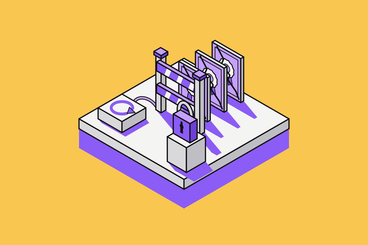 Isometric illustration of assembled objects in marigold and violet.