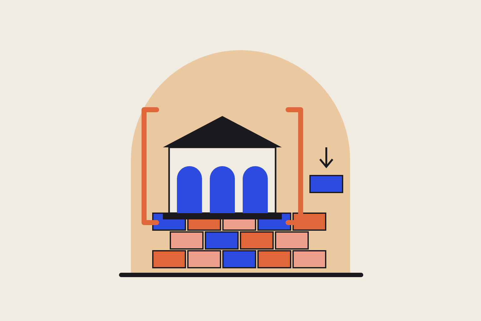 Flat geometric illustration on the theme of reported basel iii implementation, bank regulation and basel iii, in cobalt and terracotta.