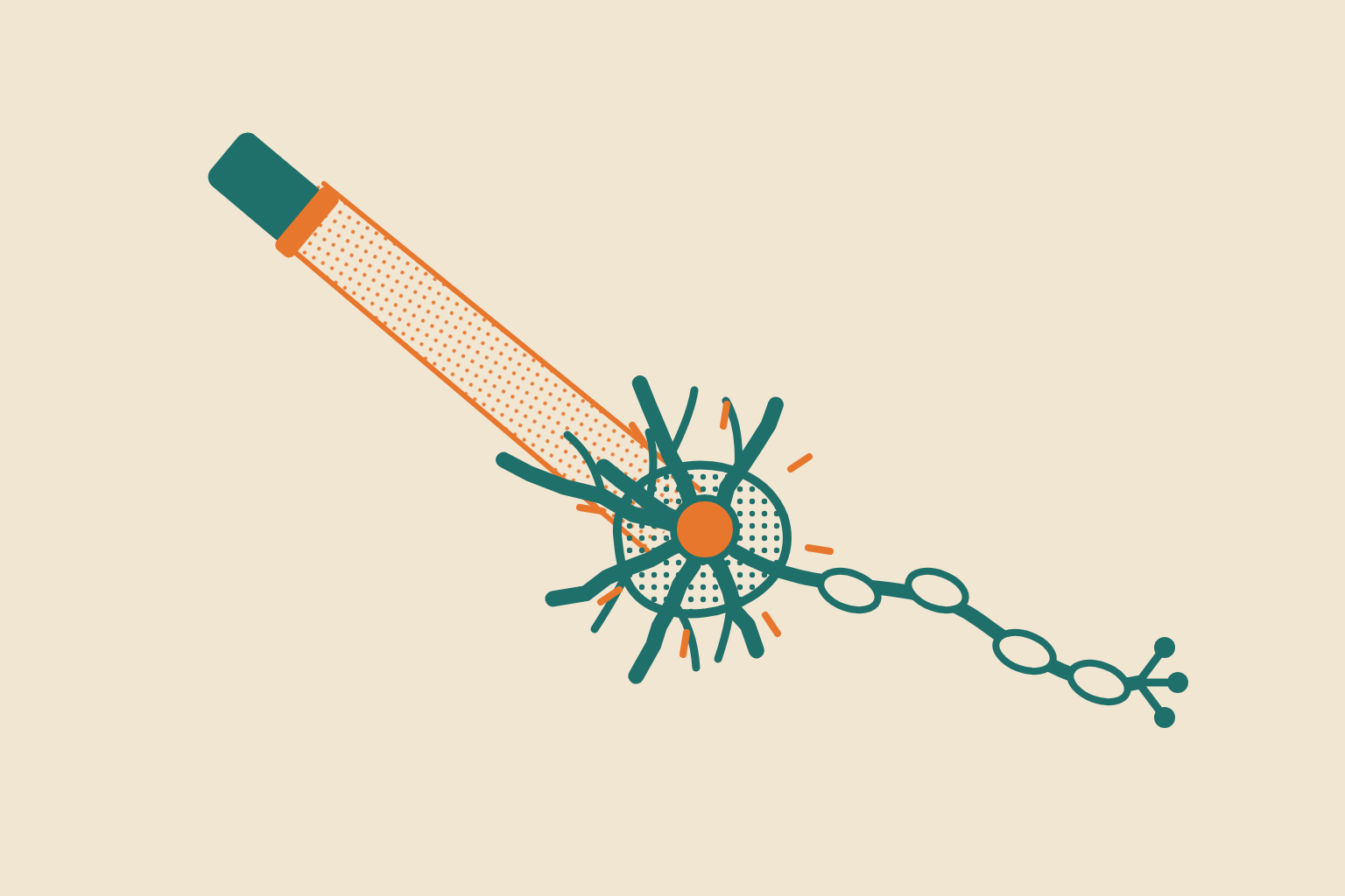 Illustration in a hand-printed ink style on the theme of optogenetics, neuroscience and brain research, in teal ink on cream with an orange spot.