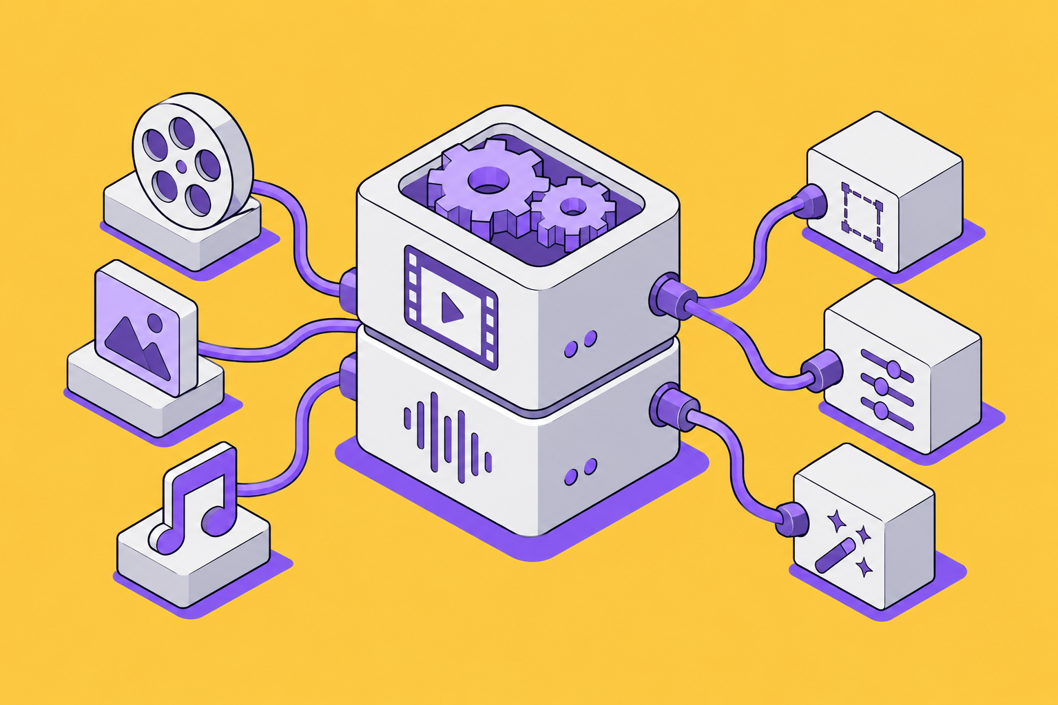 Isometric illustration of assembled objects in marigold and violet.