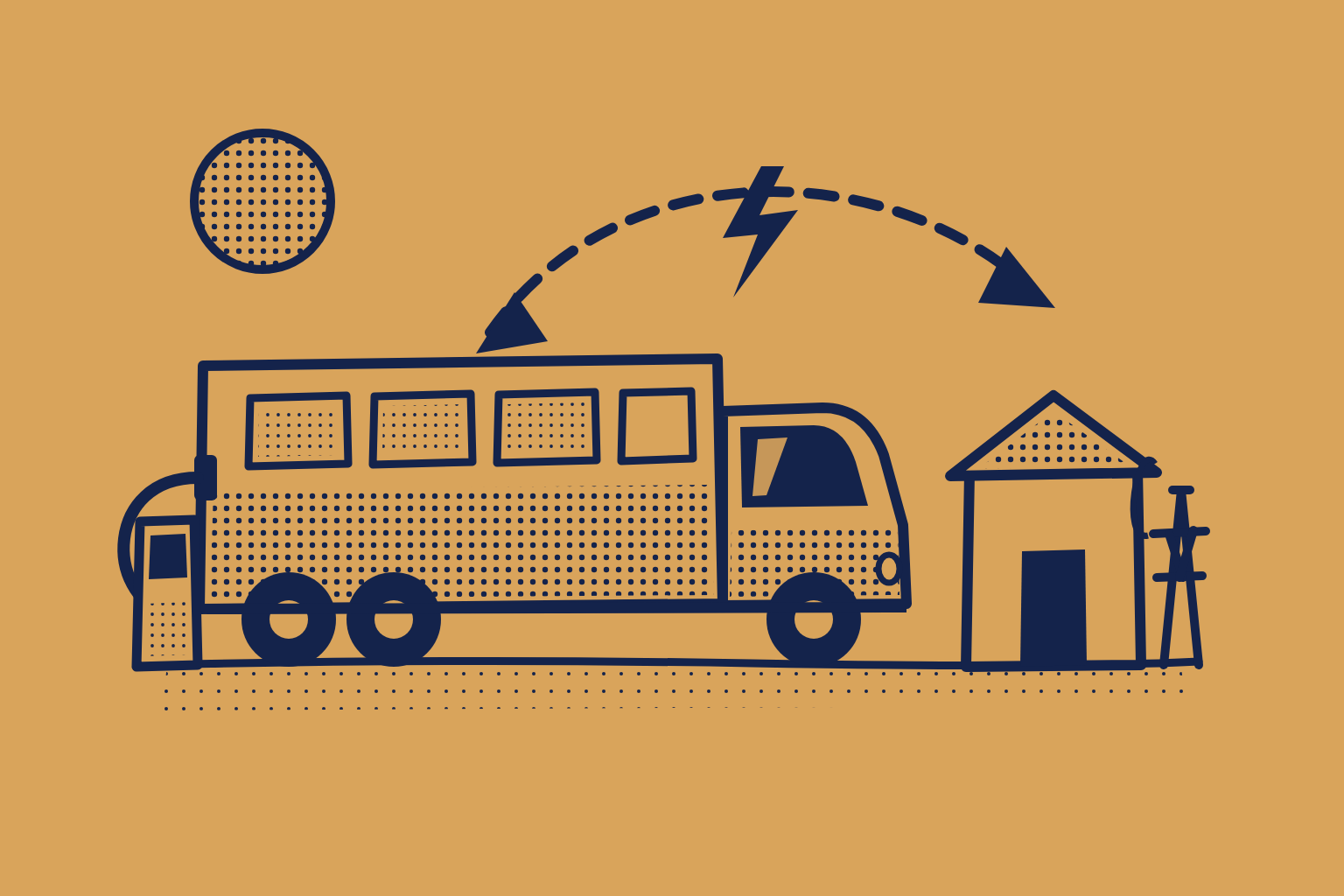Illustration in a hand-printed ink style in navy ink on ochre.