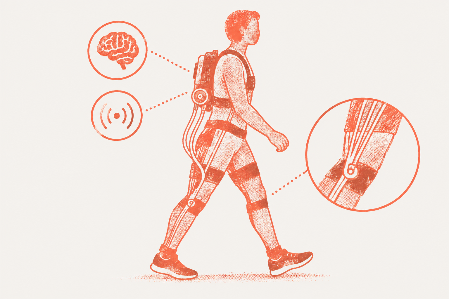 Illustration in a hand-printed ink style on the theme of developed assistive soft exosuit, robotics and assistive technology, in coral ink on paper white.