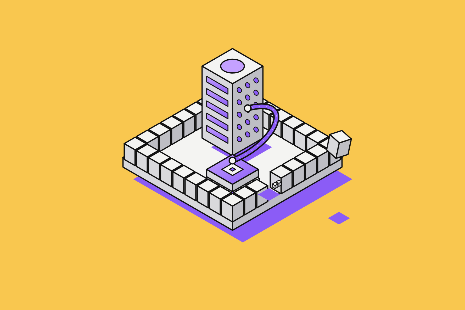 Isometric illustration of assembled objects in marigold and violet.