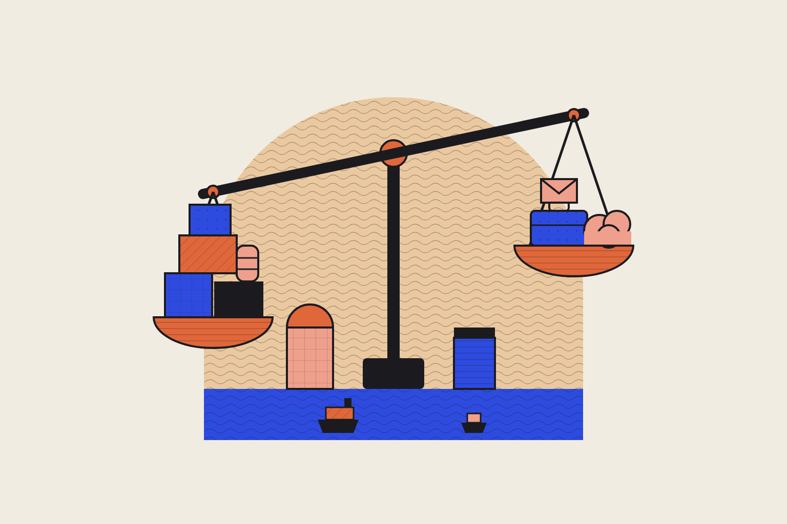 Flat geometric illustration in cobalt and terracotta.