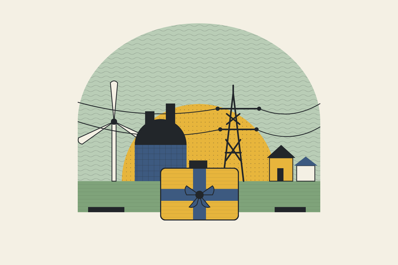 Flat geometric illustration in sage, mustard and slate blue.