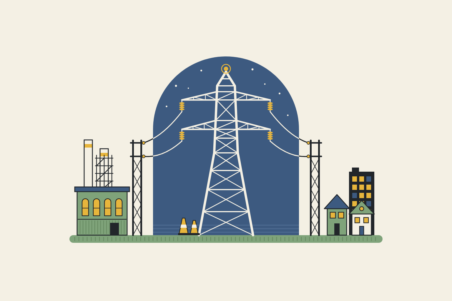 Flat geometric illustration in sage, mustard and slate blue.